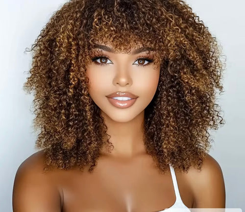 Peluca rizada afro kinky con flequillo