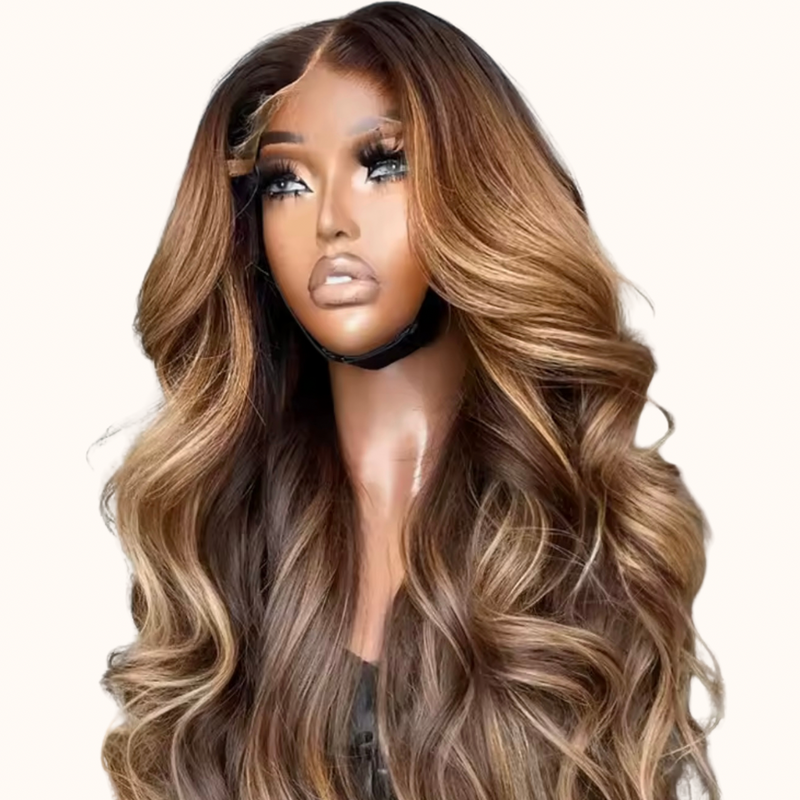 Peluca natural HD real Balayage rubio/marrón