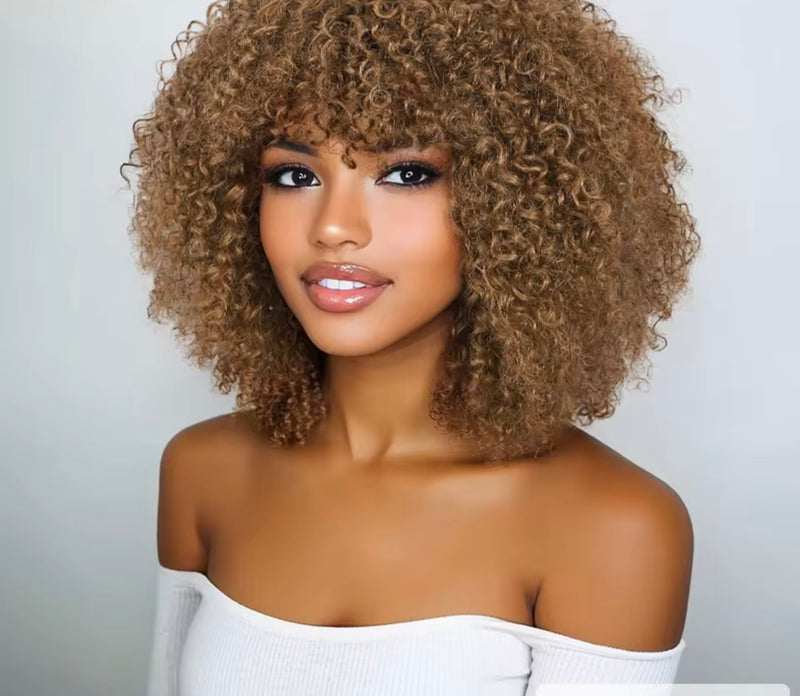 Peluca rizada afro kinky con flequillo