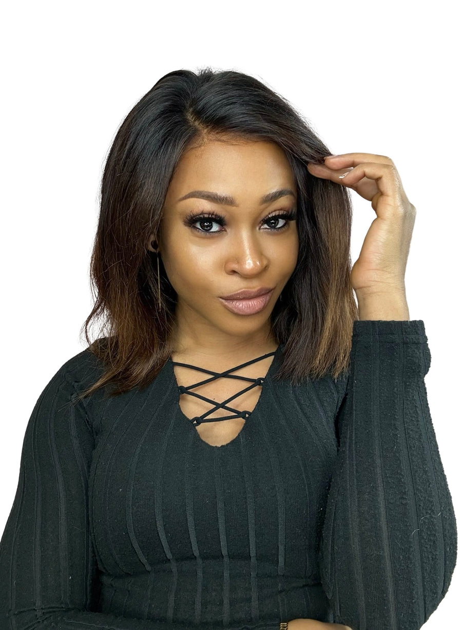 Peluca de pelo humano brazileño premium lisa corta Bob HD carliforniana negro cobrizo 12”